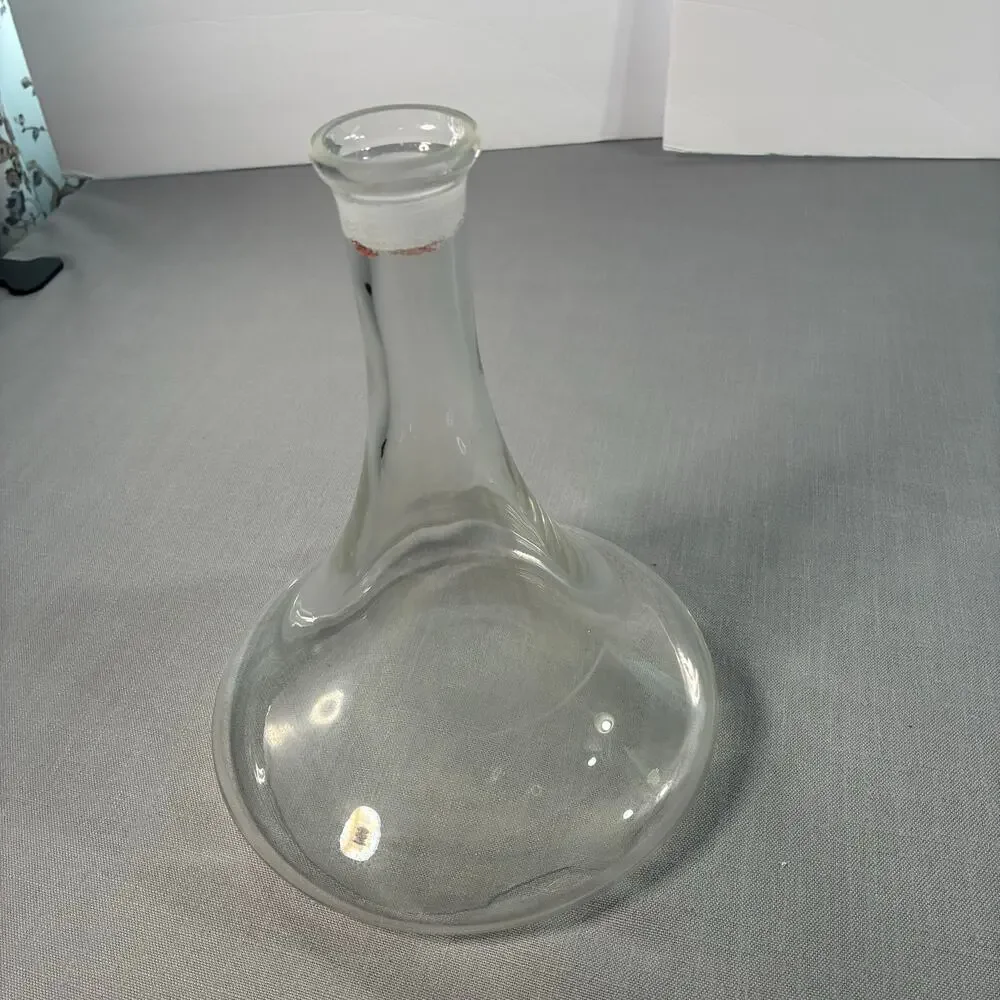 Vintage Clear Glass Decanter Carafe Round Flat Body Long Neck Bottle Vase 9 Inch